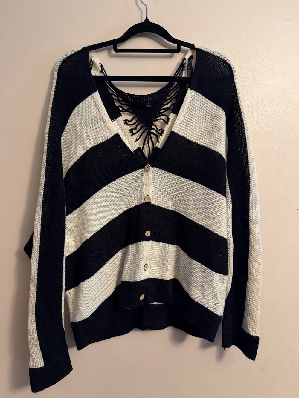 mine Black and White Striped V-Neck Button-Up Cardigan